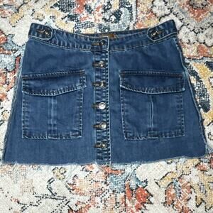 POL Denim Mini Skirt Women’s Medium Distressed Raw Hem Frayed Blue Cutoff Style